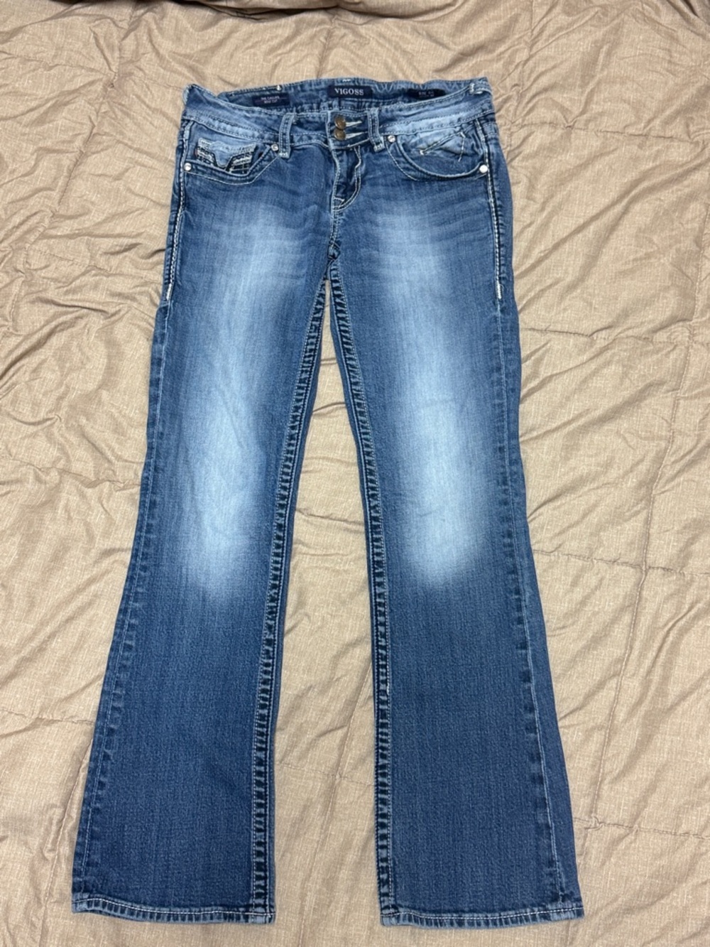 Vigoss Women's The Dallas Boot Cut Low Rise Jeans Whisker Thick Stitch Y2K 5/6